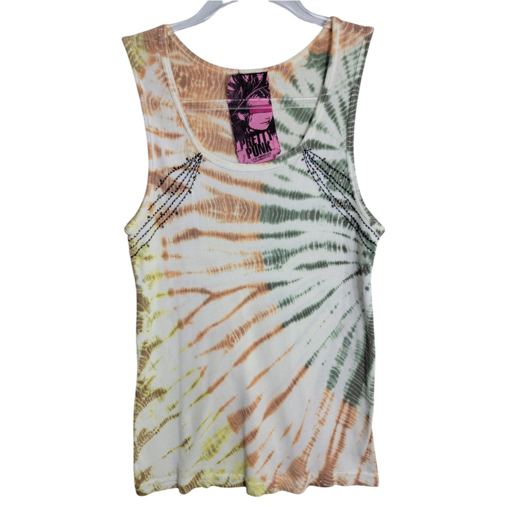 Pretty Punk Womens Y2K Large Tank Top Multi Color Tie Dye Ribbed Rhinestone